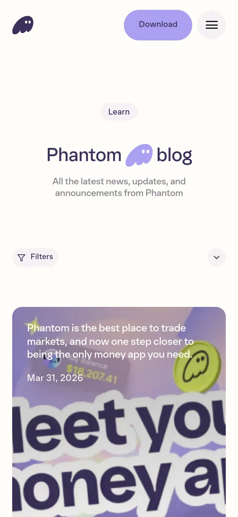 Phantom blog mobile view with a stacked layout. The header features a hamburger menu and a download button, while the hero text and filter buttons reflow into a single column for easier vertical scrolling.