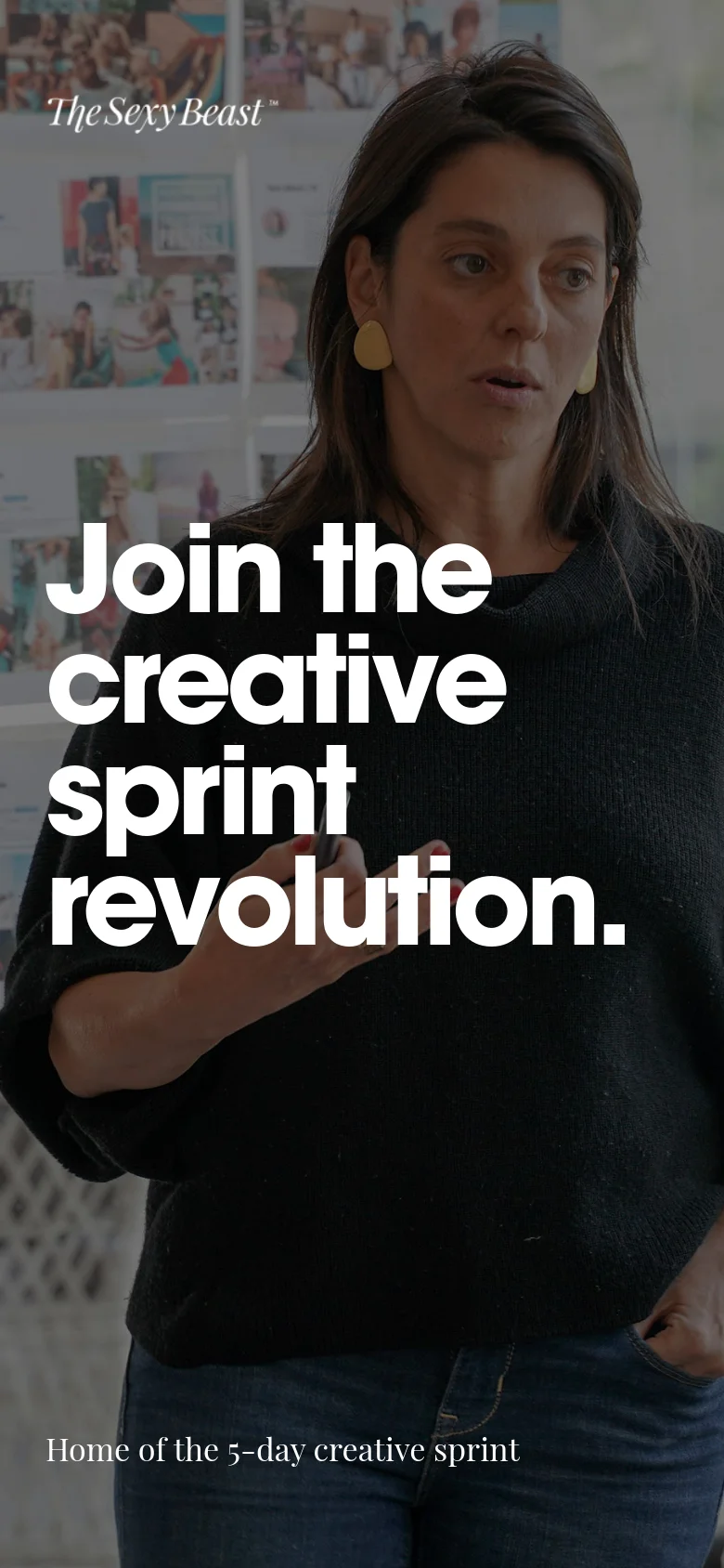 The mobile version presents a vertically stacked layout starting with a hero image of a woman, with the headline 'Join the creative sprint revolution.' overlaid in large white text. The content follows a single-column format, presenting case studies and testimonials sequentially for easier scrolling on a small screen.