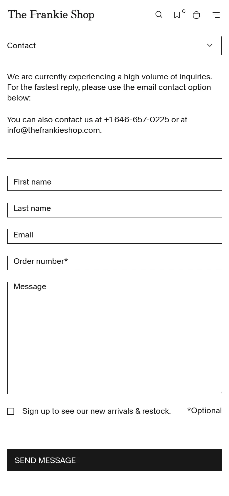 The mobile version presents a simplified, single-column layout with a condensed header featuring a hamburger menu and search icon. The contact information and form fields are stacked vertically to fit the narrow screen, maintaining the clean white and black aesthetic with a full-width black 'SEND MESSAGE' button at the bottom.