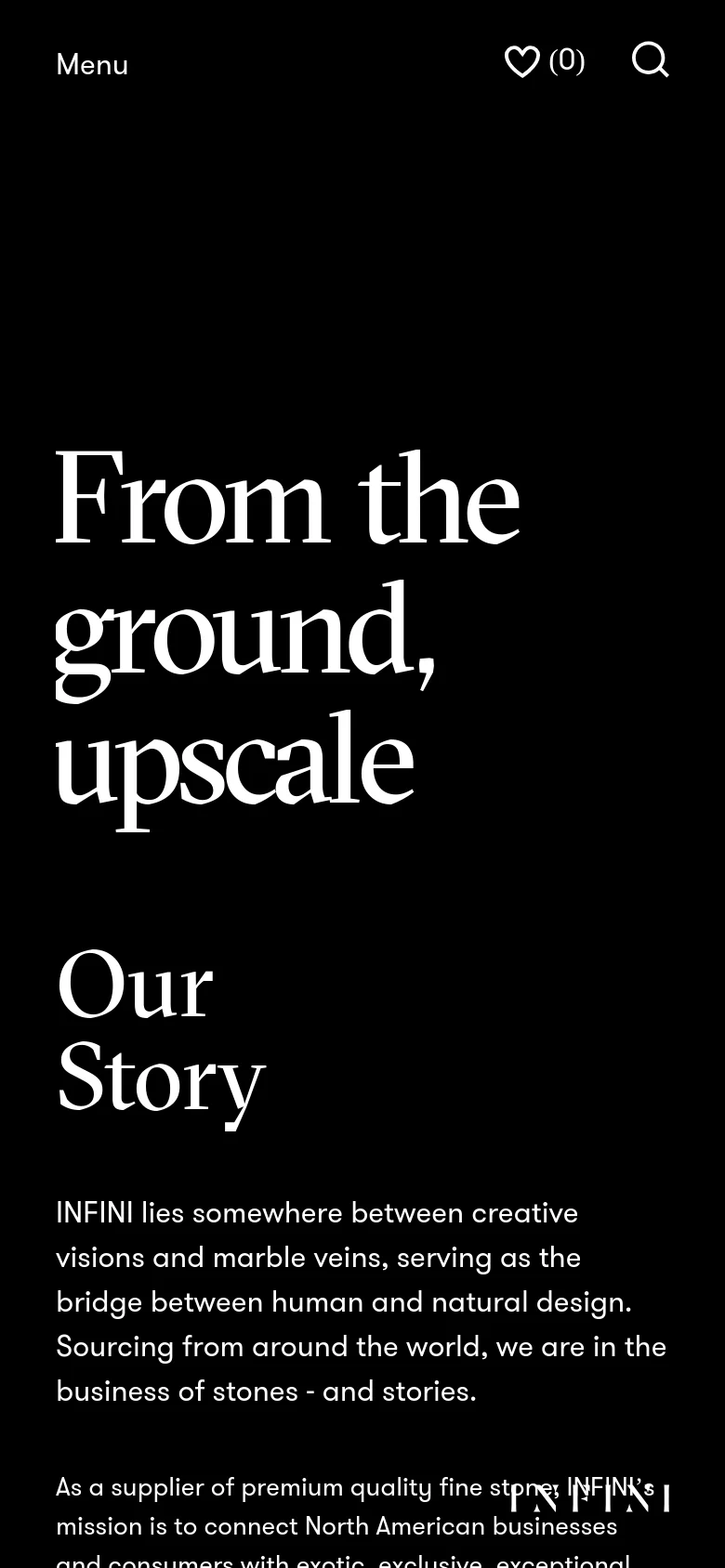 The mobile version maintains the black background and large white serif headline but uses a condensed layout. The top navigation is replaced by a 'Menu' label on the left, with the 'Favorites (0)' icon and a search icon positioned on the right. Below the hero text, the 'Our Story' section begins with white body text describing the company's mission.