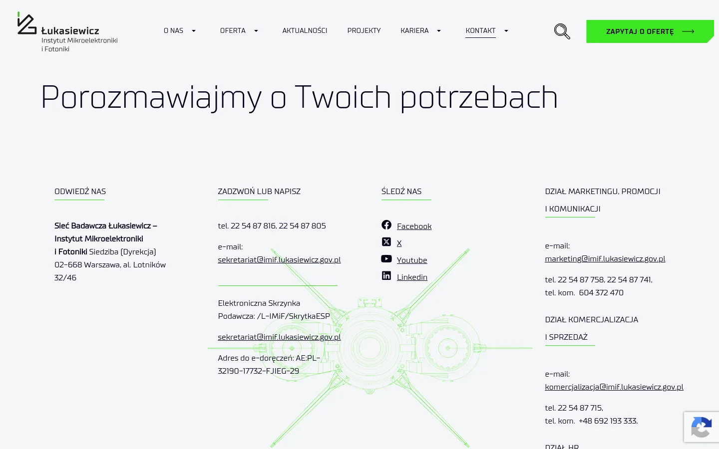 The desktop contact page features a clean white layout with a large heading 'Porozmawiajmy o Twoich potrzebach' and a light green technical schematic background. Contact information is organized into four columns: 'Odwiedź Nas' (Visit Us), 'Zadzwoń lub Napisz' (Call or Write), 'Śledź Nas' (Follow Us) with social media icons, and department-specific contact details. A top navigation bar includes the institute logo, menu links, a search icon, and a bright green 'Zapytaj o ofertę' call-to-action button.