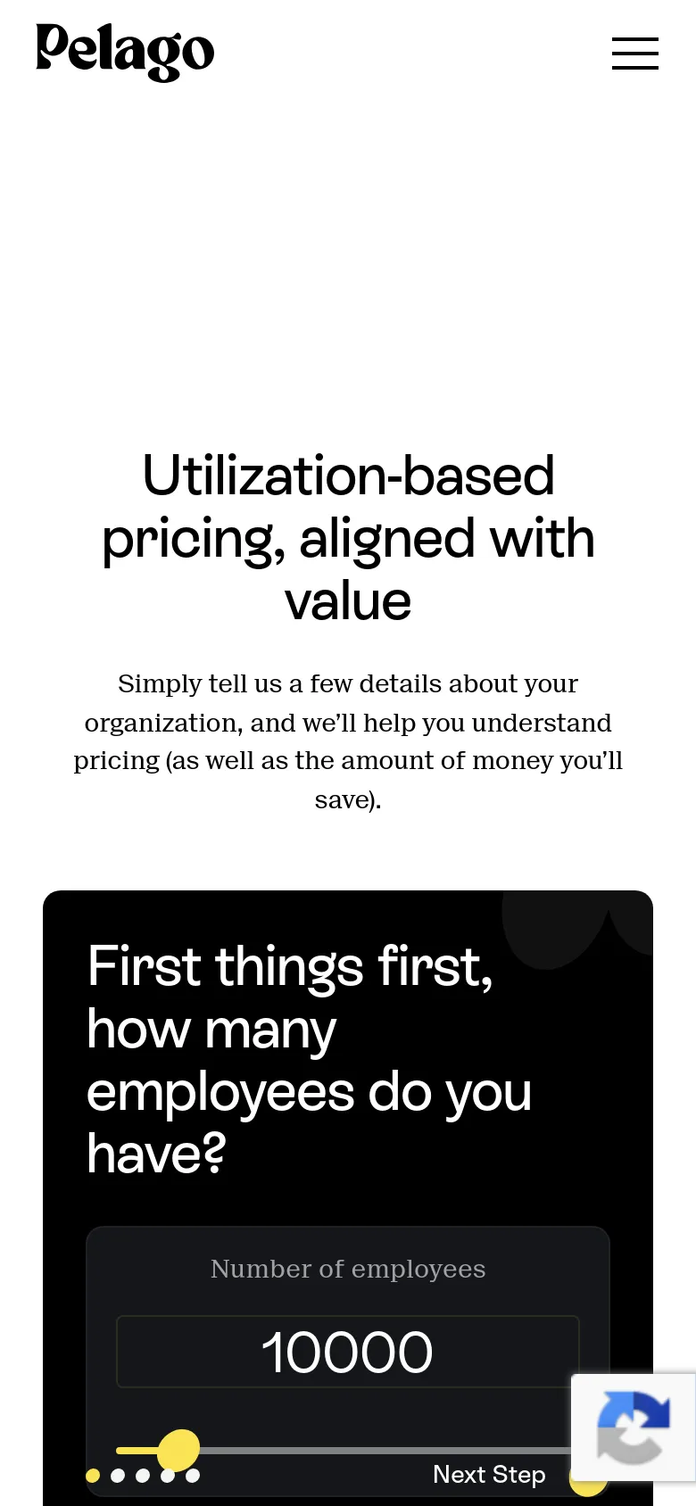 The mobile version maintains the same white and dark color scheme but utilizes a vertical stack layout. The headline and introductory text are centered, and the interactive employee count calculator occupies the full width of the screen at the bottom for easier touch interaction.