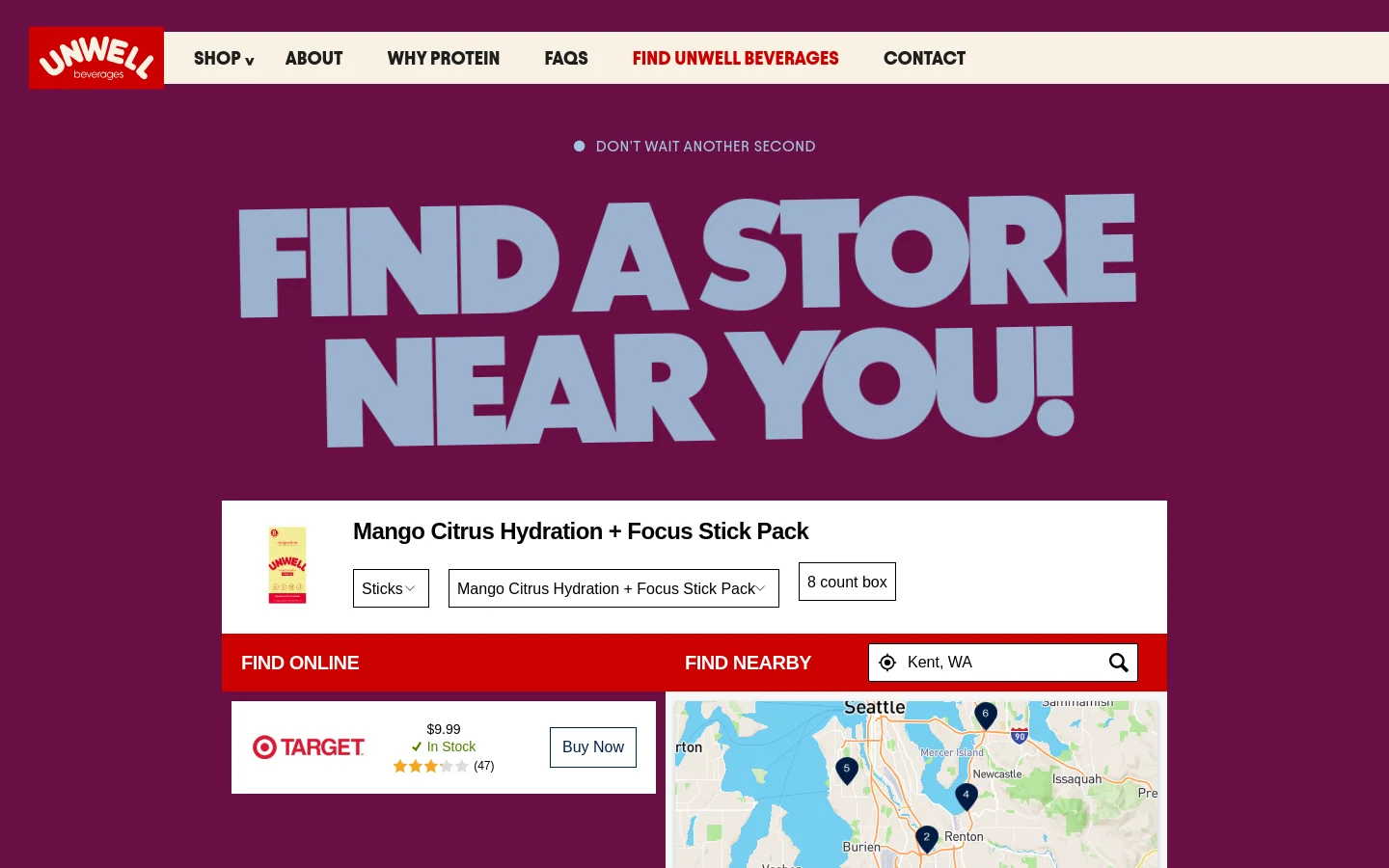 The desktop page features a large maroon hero section with the light blue text 'FIND A STORE NEAR YOU!' and a product selection area below. Users can choose between Mango Citrus Hydration + Focus Stick Packs in different formats, with options to 'FIND ONLINE' via Target or 'FIND NEARBY' using a search bar and an interactive map showing local store locations.