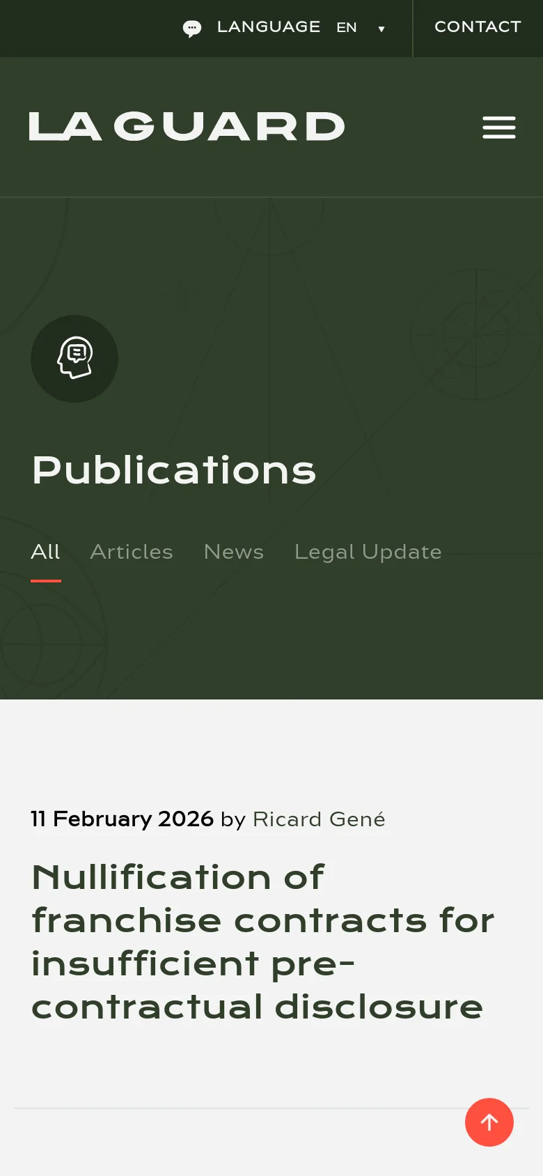 The mobile version simplifies the layout, condensing the top navigation into a hamburger menu and moving the language and contact options to a slim top bar. The hero section remains dark green with the 'Publications' title and filter links, but the article feed below is optimized for vertical scrolling on a single column. The primary call to action is a red floating 'back to top' button in the bottom right corner.