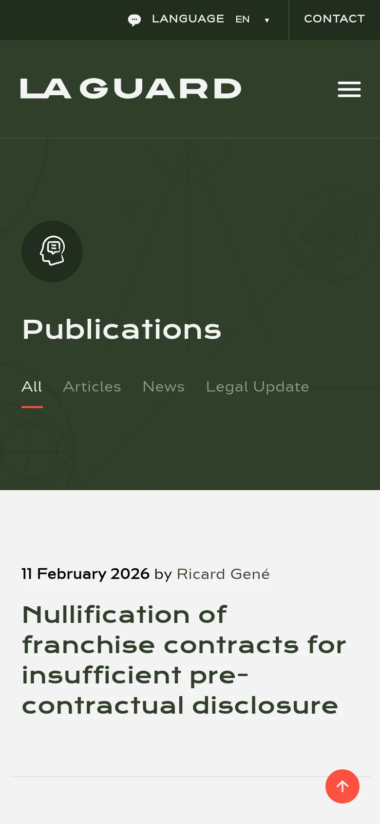 The mobile version simplifies the layout, condensing the top navigation into a hamburger menu and moving the language and contact options to a slim top bar. The hero section remains dark green with the 'Publications' title and filter links, but the article feed below is optimized for vertical scrolling on a single column. The primary call to action is a red floating 'back to top' button in the bottom right corner.