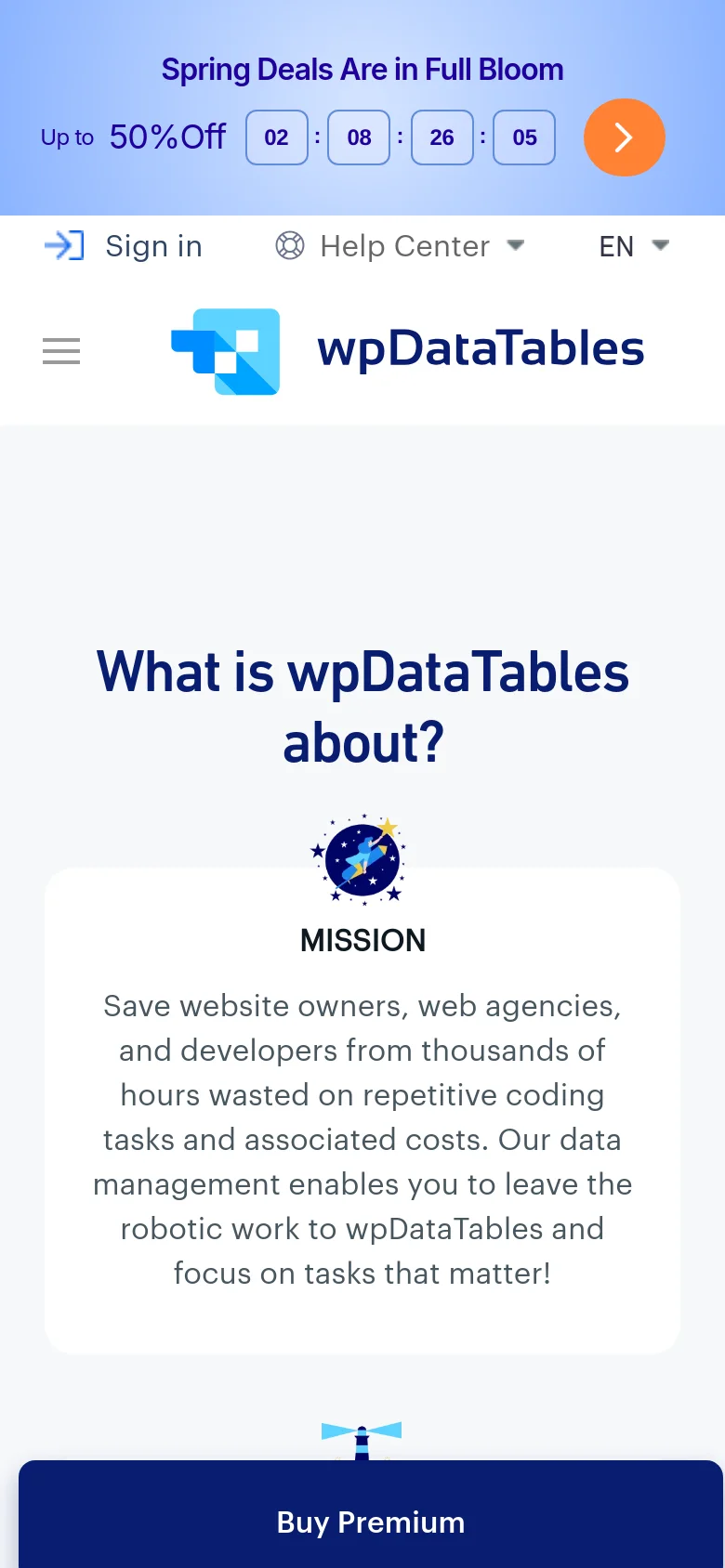 The mobile version presents a vertically stacked layout with a simplified header containing a hamburger menu and the wpDataTables logo. The mission statement card is centered prominently at the top, followed by the vision card, with the 'Buy Premium' call to action appearing as a large, fixed blue button at the bottom of the screen.
