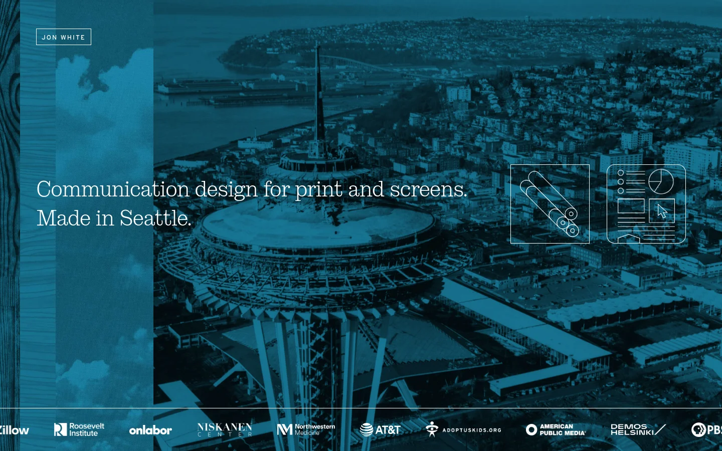 The desktop homepage features a large blue-tinted hero image of the Seattle skyline and Space Needle. A large serif headline reads 'Communication design for print and screens. Made in Seattle.' alongside minimalist line icons of rolled blueprints and a digital interface. A client logo bar runs along the bottom of the hero section.