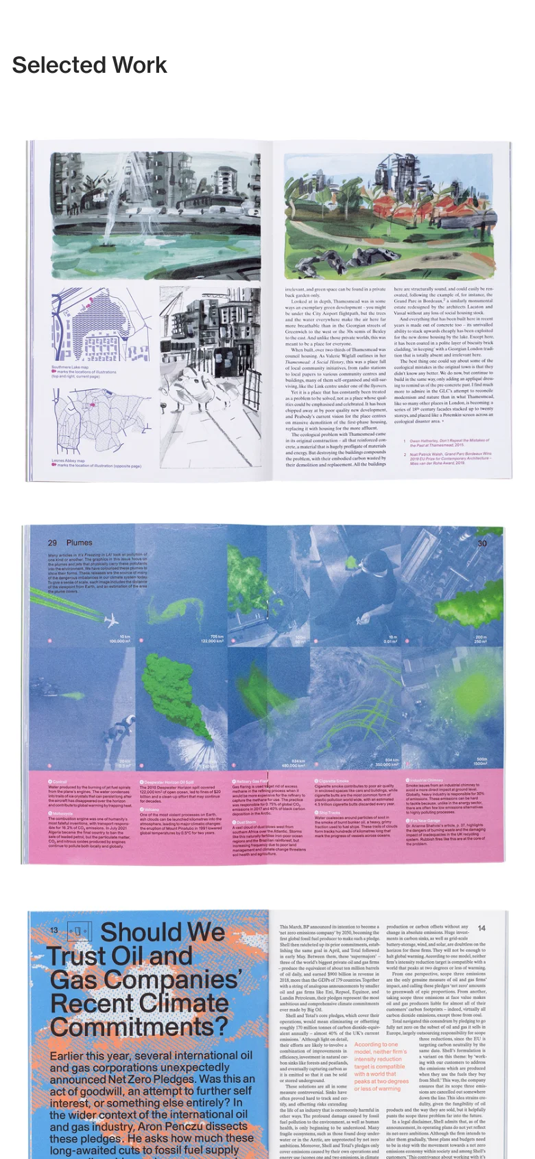 The mobile version maintains the minimalist white and black text layout but stacks the content vertically for a single-column view. The 'Selected Work' collage and magazine spread images are scaled down to fit the narrower screen width, ensuring the text remains legible while scrolling.
