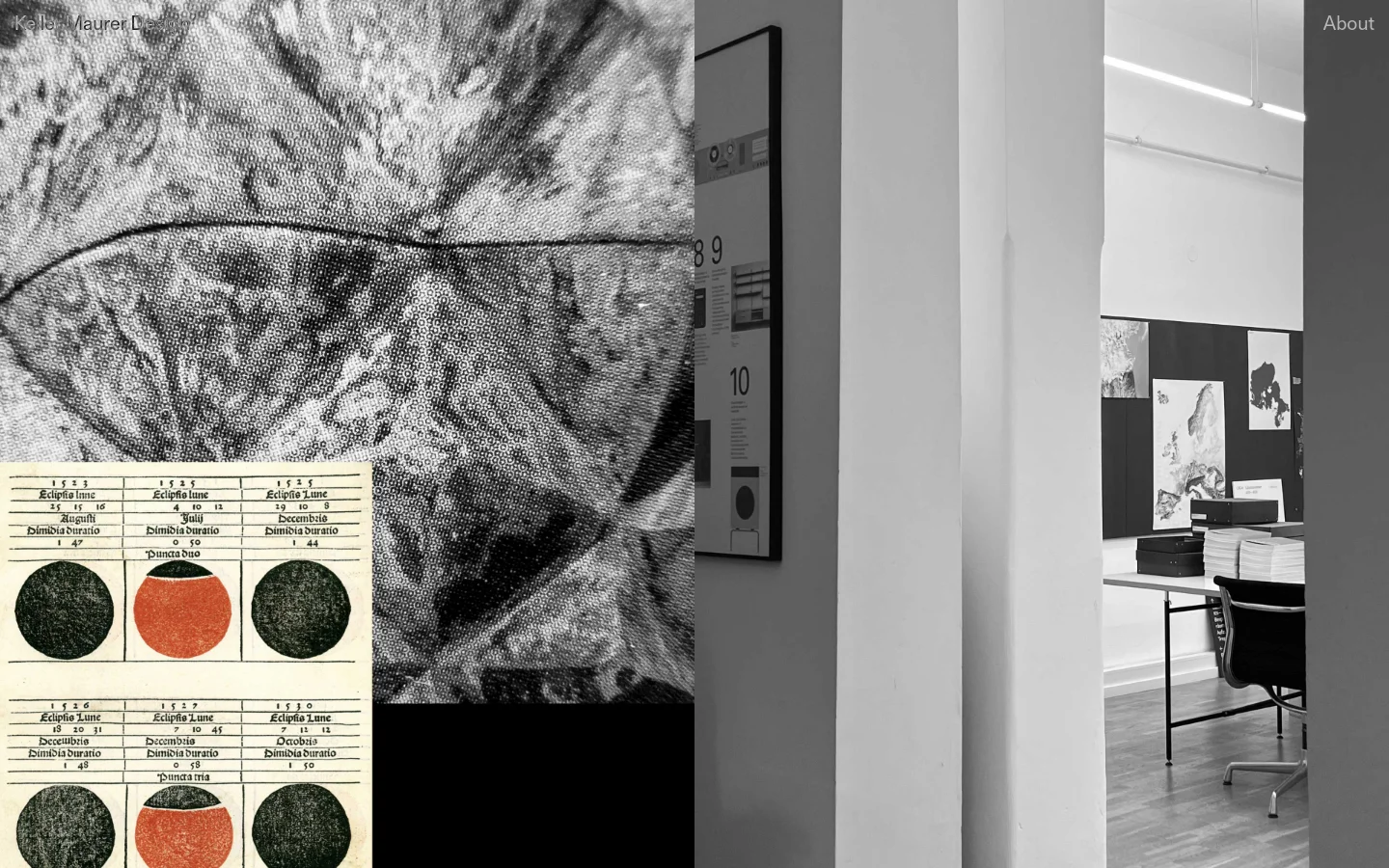 The desktop homepage features a minimalist design with a large black and white hero image showing textured surfaces and design elements. The text 'Keller Maurer Design' is positioned on the left, with an 'About' link on the right, and a descriptive paragraph at the bottom on a black background. The layout is spacious and uses high-contrast monochrome tones.