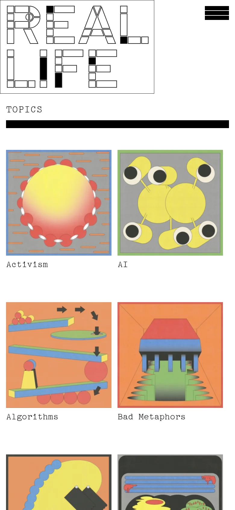 The mobile version displays the same 'REAL LIFE' logo and topic grid, but the layout shifts to a single or double column of larger square illustrations. A hamburger menu icon is visible in the top right corner for navigation.
