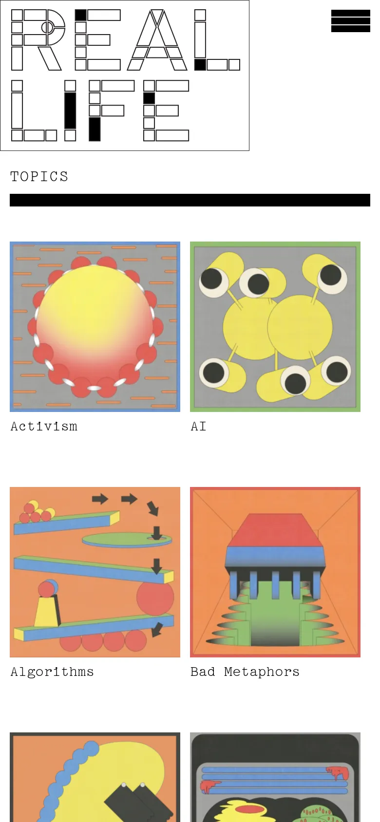The mobile version displays the same 'REAL LIFE' logo and topic grid, but the layout shifts to a single or double column of larger square illustrations. A hamburger menu icon is visible in the top right corner for navigation.