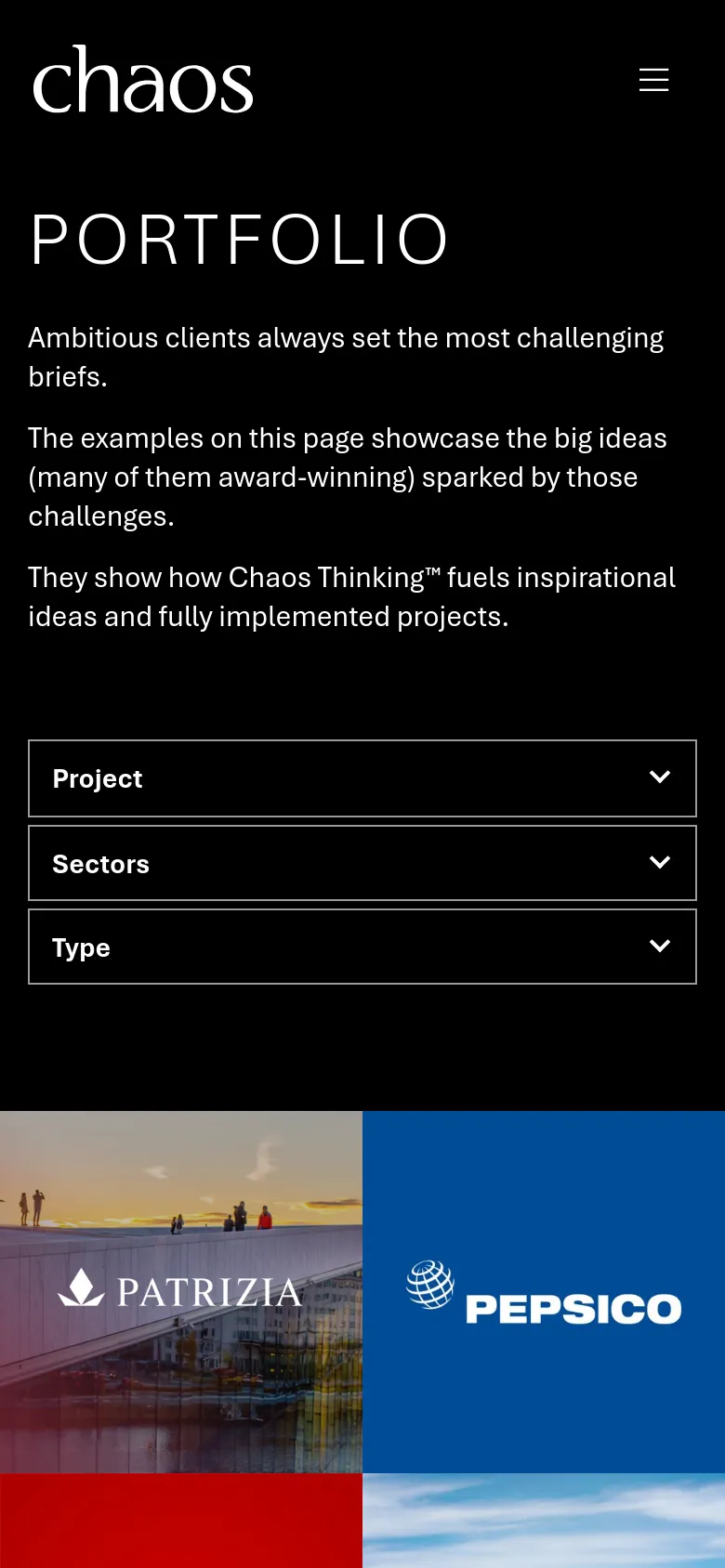 The mobile version maintains the dark theme and white typography but uses a single-column layout. The 'PORTFOLIO' headline and introductory text are stacked vertically above the three full-width dropdown filter menus. The client project grid below transitions to a vertical stack of large, full-width image tiles.