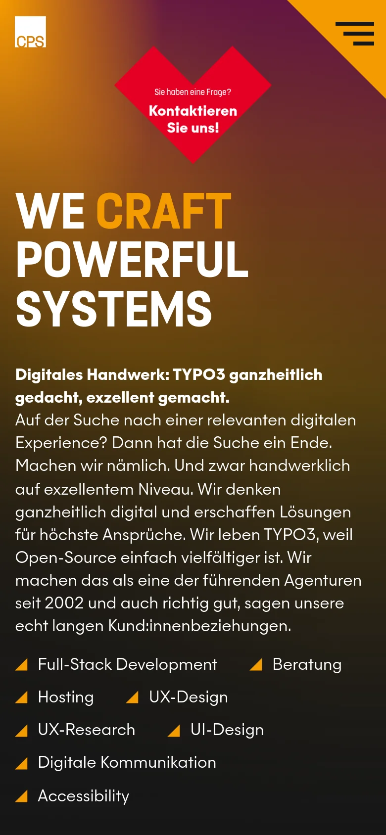 The mobile version uses a vertical layout with the same dark gradient background. The large 'WE CRAFT POWERFUL SYSTEMS' headline is centered above the service description and list. The red heart-shaped contact button is positioned prominently in the upper center, and the navigation menu is represented by a hamburger icon in the top right.