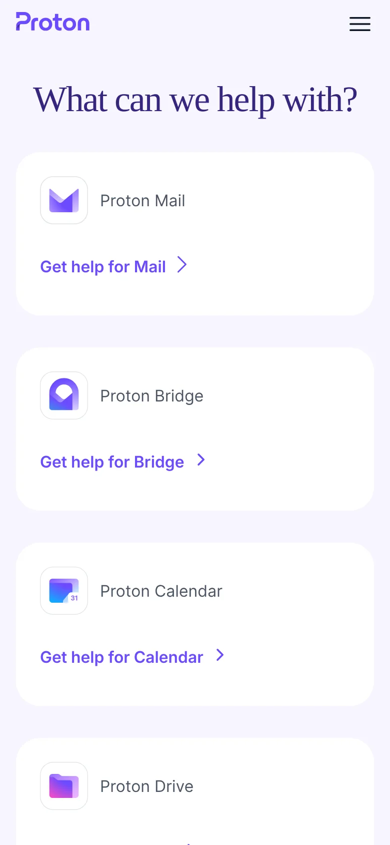 The mobile version presents a single-column vertical layout of the product help cards on a light purple background. Each card prominently features the product icon, name, and a blue 'Get help for...' link with an arrow, optimized for vertical scrolling. The header is simplified with a hamburger menu icon next to the Proton logo.