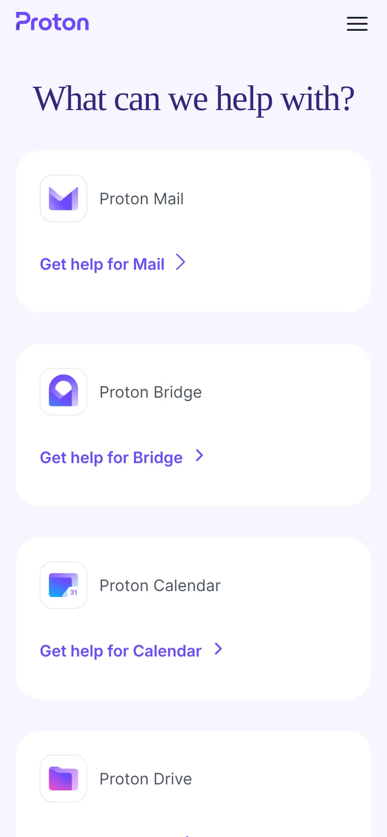 The mobile version presents a single-column vertical layout of the product help cards on a light purple background. Each card prominently features the product icon, name, and a blue 'Get help for...' link with an arrow, optimized for vertical scrolling. The header is simplified with a hamburger menu icon next to the Proton logo.