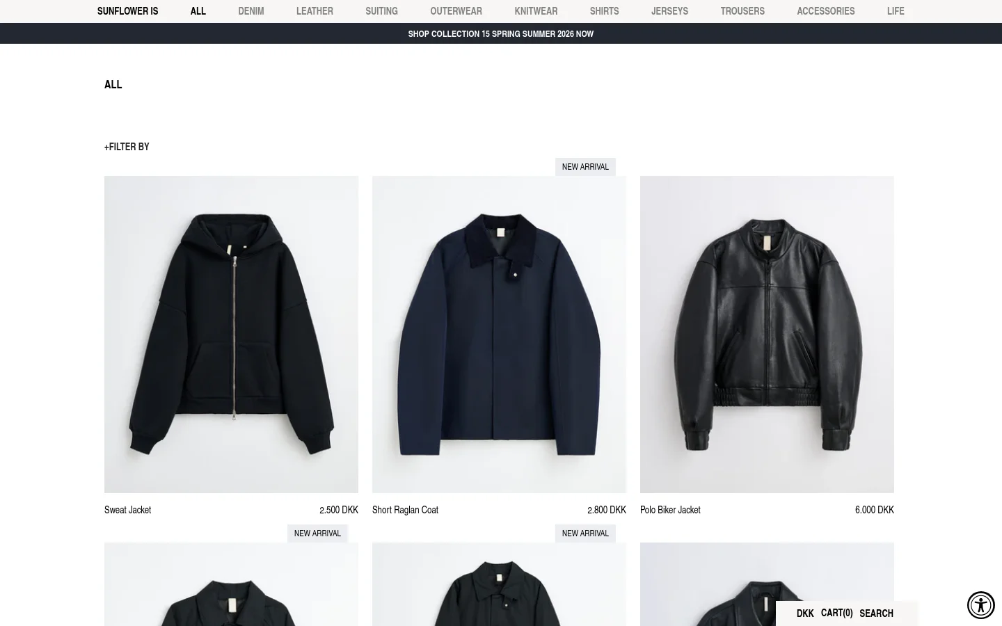 The desktop view shows a minimalist menswear collection page with a white background and black text. A top navigation bar lists categories, and a large 'ALL' heading is followed by a '+FILTER BY' option. Below, a grid displays product images including a black Sweat Jacket, a navy Short Raglan Coat, and a black Polo Biker Jacket, each with its name and price in DKK listed underneath.
