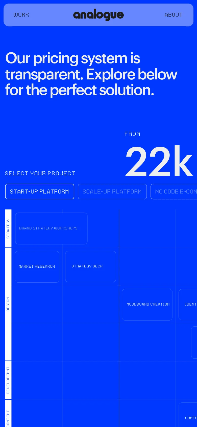 Analogue Agency pricing page in a mobile layout with a stacked design. The vibrant blue hero section features large centered text and a simplified project selection menu above a vertical grid of service components.