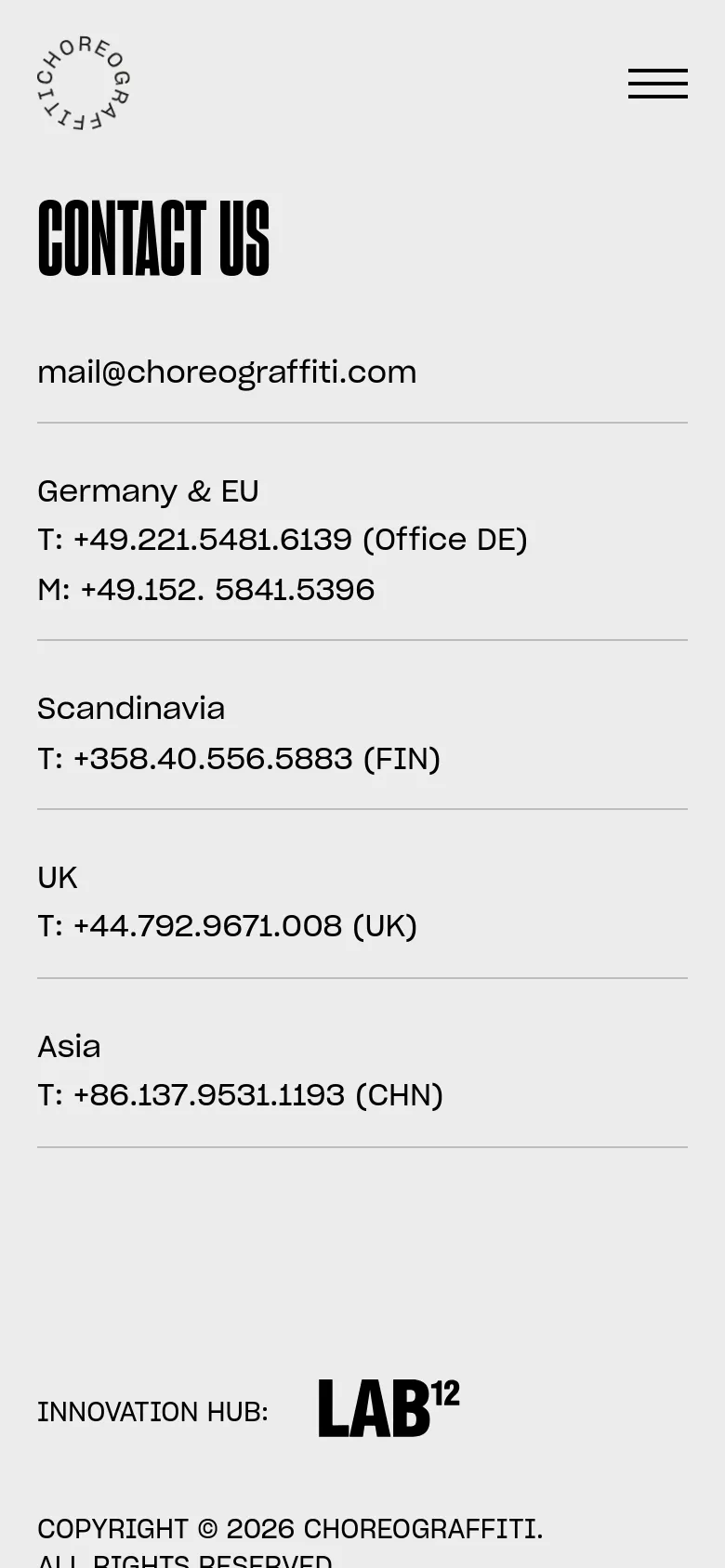 The mobile version uses a single-column vertical layout on a light gray background. The 'CONTACT US' headline is positioned at the top, followed by the email address and regional contact numbers stacked vertically, with a hamburger menu icon in the top right corner.