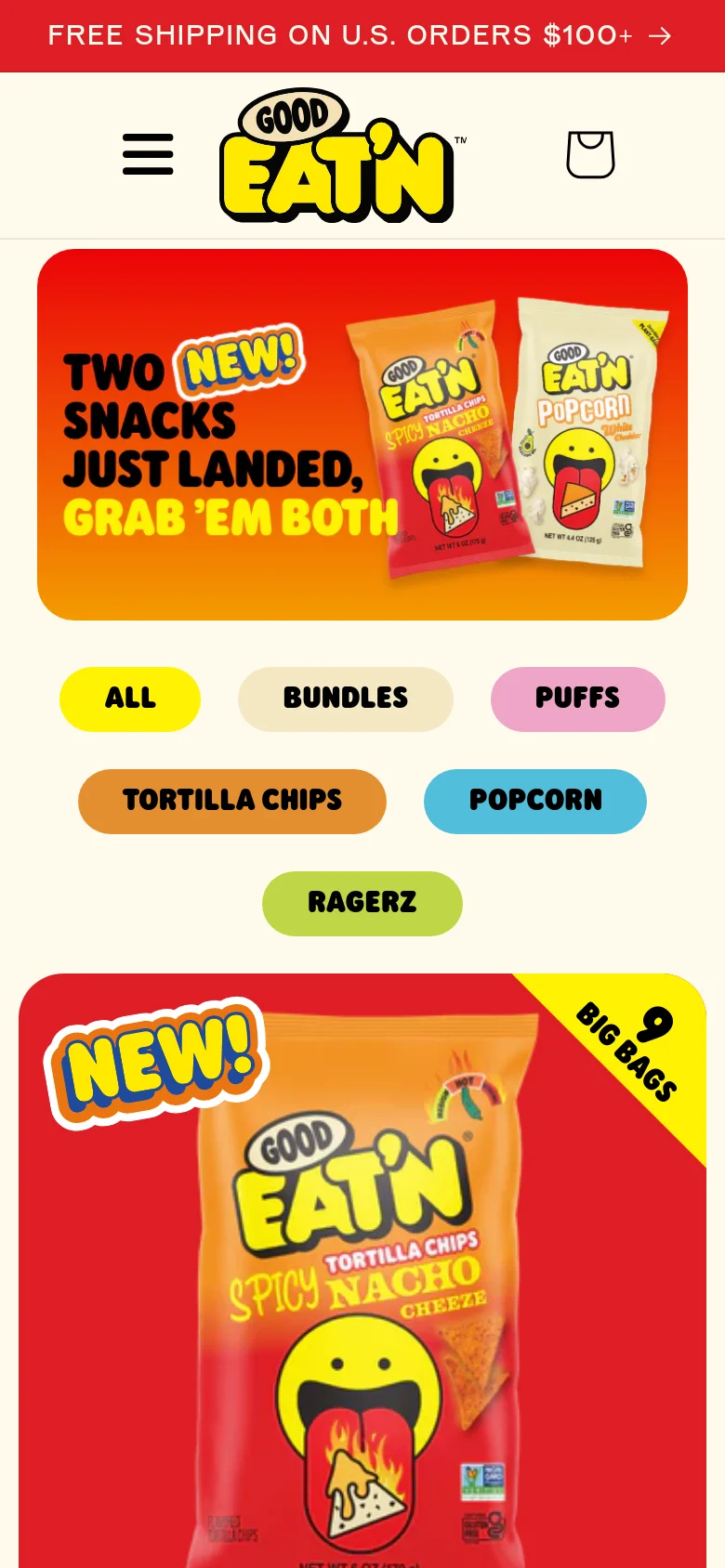 The mobile version features a condensed layout with a centered hero banner and a vertically stacked series of category buttons. The product grid is simplified to show large, single-column product cards, such as the Spicy Nacho Tortilla Chips, against a bright red background.