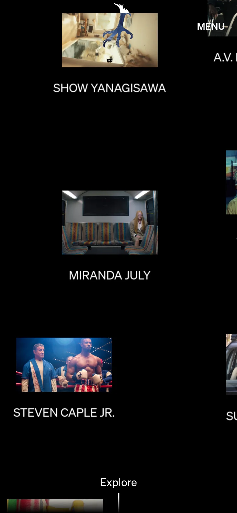 The mobile version maintains the dark, cinematic aesthetic but uses a vertical scrolling layout. Content is stacked, showing individual large-scale video stills or images with bold white headings below them, such as 'STEVEN CAPLE JR.', making the visual elements the primary focus on a smaller screen.