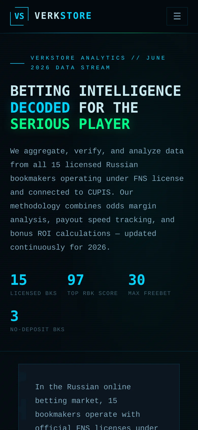 The mobile version maintains the dark theme and neon typography but uses a simplified, single-column vertical layout. The hero headline is stacked, and the navigation is condensed into a hamburger menu icon in the top right. The statistical data and text content are scaled down to fit the narrow screen width for easier scrolling.