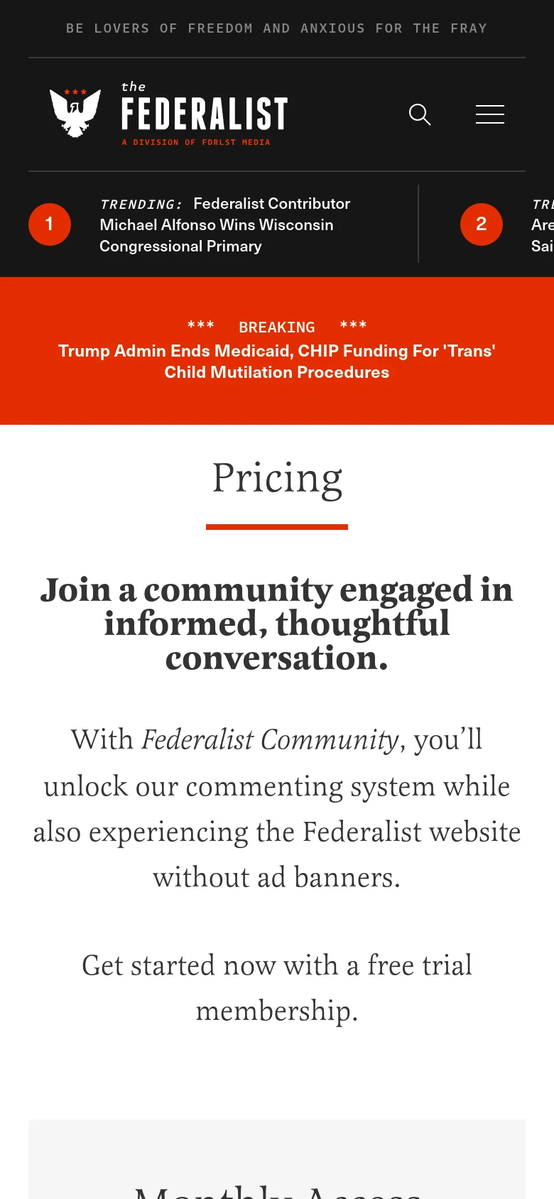 The mobile version of the pricing page uses a single-column layout, stacking the 'Pricing' headline, introductory text, and subscription options vertically for easier scrolling. The navigation bar is condensed into a hamburger menu and a search icon, while the breaking news ticker remains prominent in a bright orange bar below the header.