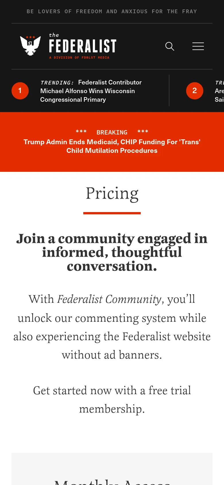 The mobile version of the pricing page uses a single-column layout, stacking the 'Pricing' headline, introductory text, and subscription options vertically for easier scrolling. The navigation bar is condensed into a hamburger menu and a search icon, while the breaking news ticker remains prominent in a bright orange bar below the header.