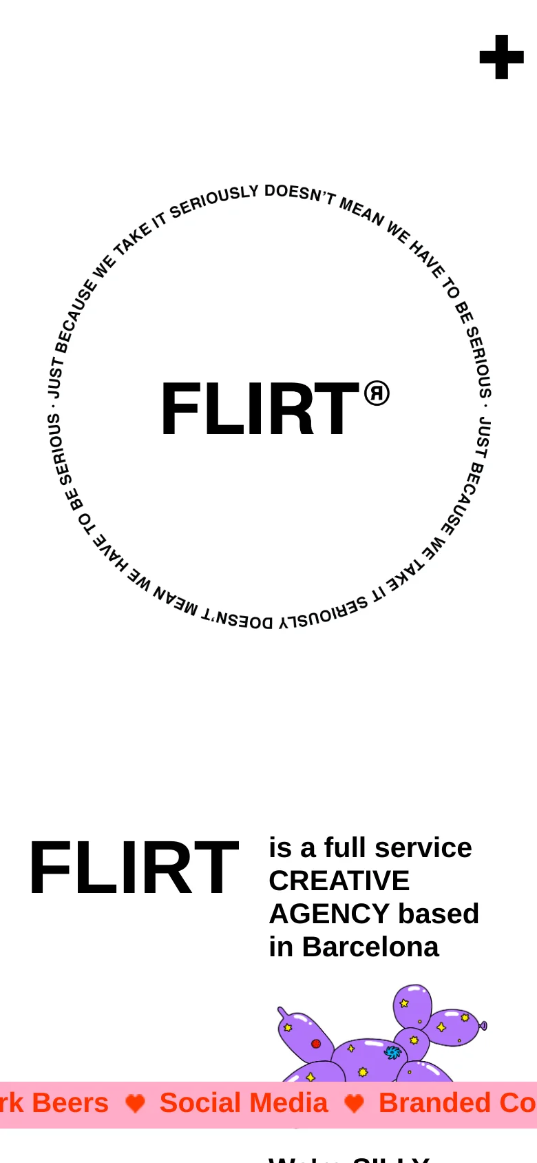 The mobile version simplifies the layout, focusing on the large 'FLIRT' logo and circular text in the center. The side menus for brush and color selection are removed to prioritize vertical scrolling through the agency's bold, playful typography and content.