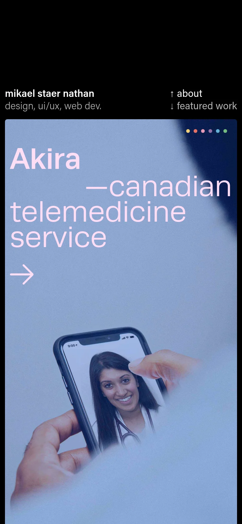 The mobile version presents a vertically stacked layout with the same blue gradient background. The large 'Akira' headline is centered, and the navigation links are positioned at the top right, while the hero image features a close-up of a person's face on a smartphone screen held by a hand.