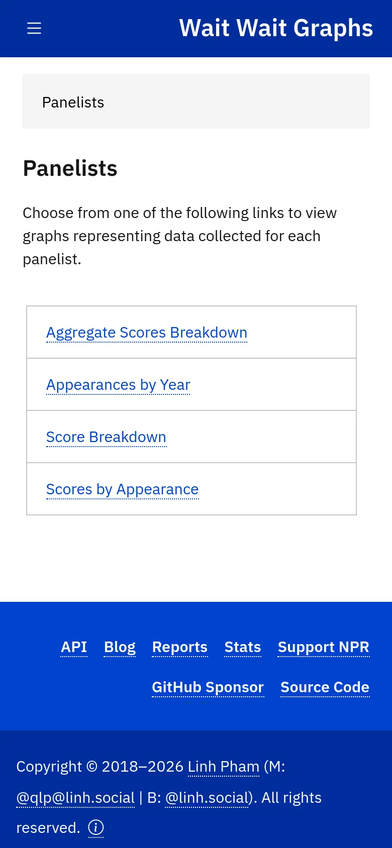 The mobile version simplifies the layout with a blue header containing a hamburger menu icon and the title 'Wait Wait Graphs'. The main content displays the 'Panelists' heading and the same four large link boxes stacked vertically in a single column. The footer is condensed, showing site links and copyright information against a solid blue background.