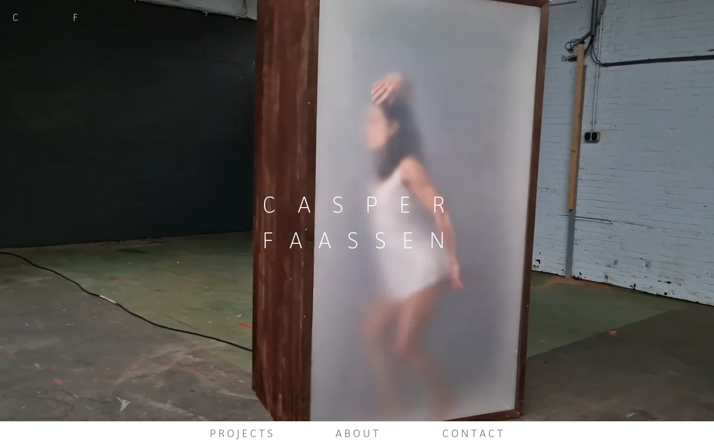 Desktop homepage featuring a large, vertical, blurred photographic artwork of a person in a white dress inside a wooden frame. The name 'CASPER FAASSEN' is overlaid in white capital letters across the center, and a bottom navigation bar includes links for Projects, About, and Contact.