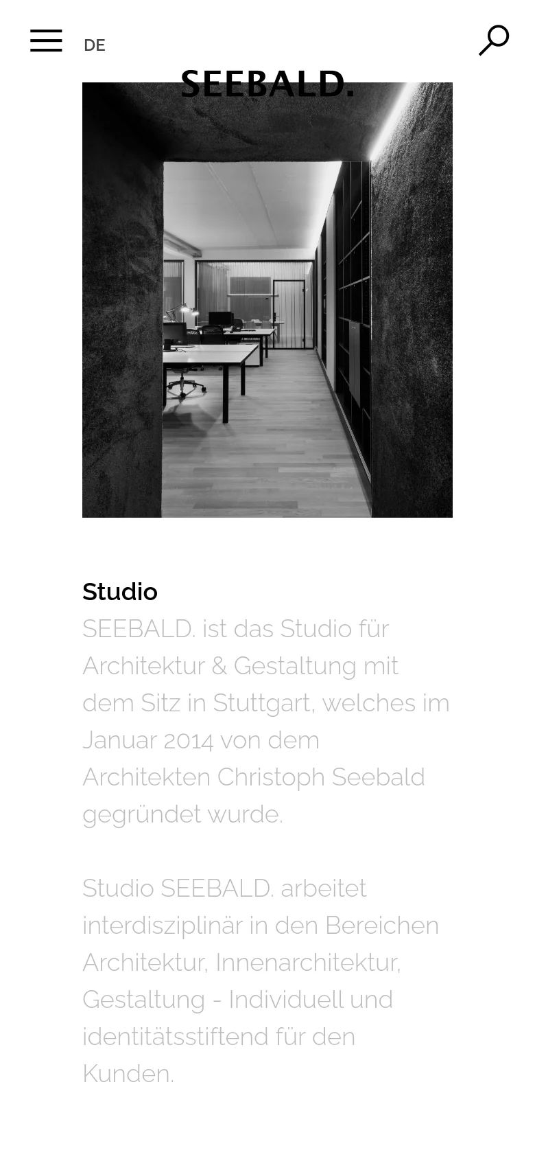 Mobile version of the Studio page with a stacked layout. The large black and white office interior image is centered at the top, followed by the SEEBALD. logo and a hamburger menu icon. Below the image, the 'Studio' heading and descriptive text are displayed in a single column against a white background.