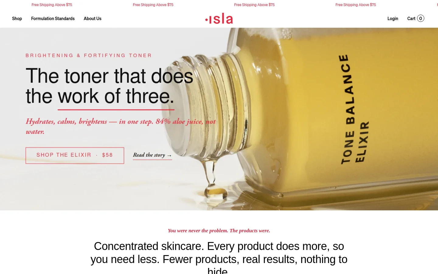 The desktop homepage features a large hero image of a glass toner bottle with a yellow liquid, overlaid with the headline 'The toner that does the work of three.' Below the hero section, a minimalist white layout displays product cards for 'The Elixir' and 'Storm Serum' with 'Add to Cart' buttons. The design uses a clean, high-end aesthetic with dark serif typography on a white background.