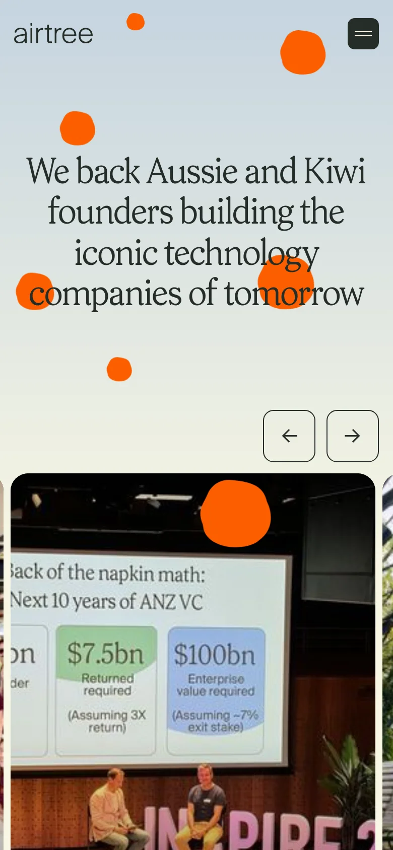 Airtree mobile homepage with a stacked layout. The hero headline is centered over a light gradient background, accompanied by a hamburger menu and a simplified image carousel with large circular accent elements.