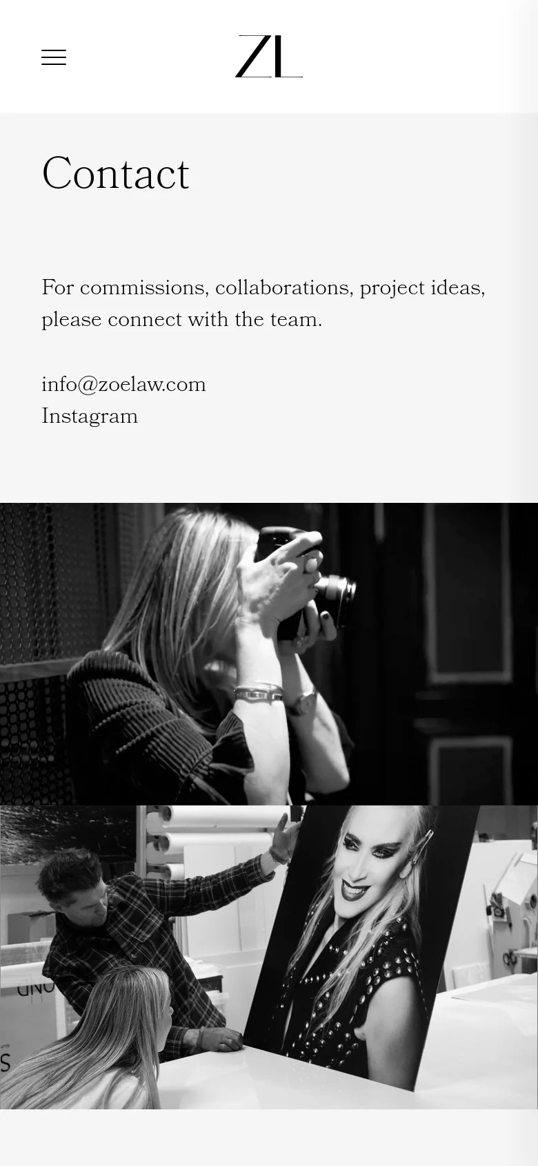 The mobile version simplifies the layout into a single column with a hamburger menu icon and the brand logo at the top. The 'Contact' headline and text are centered, followed by the email and Instagram links. The black and white imagery is stacked vertically, with the camera photo appearing above the photo of the person working with prints.