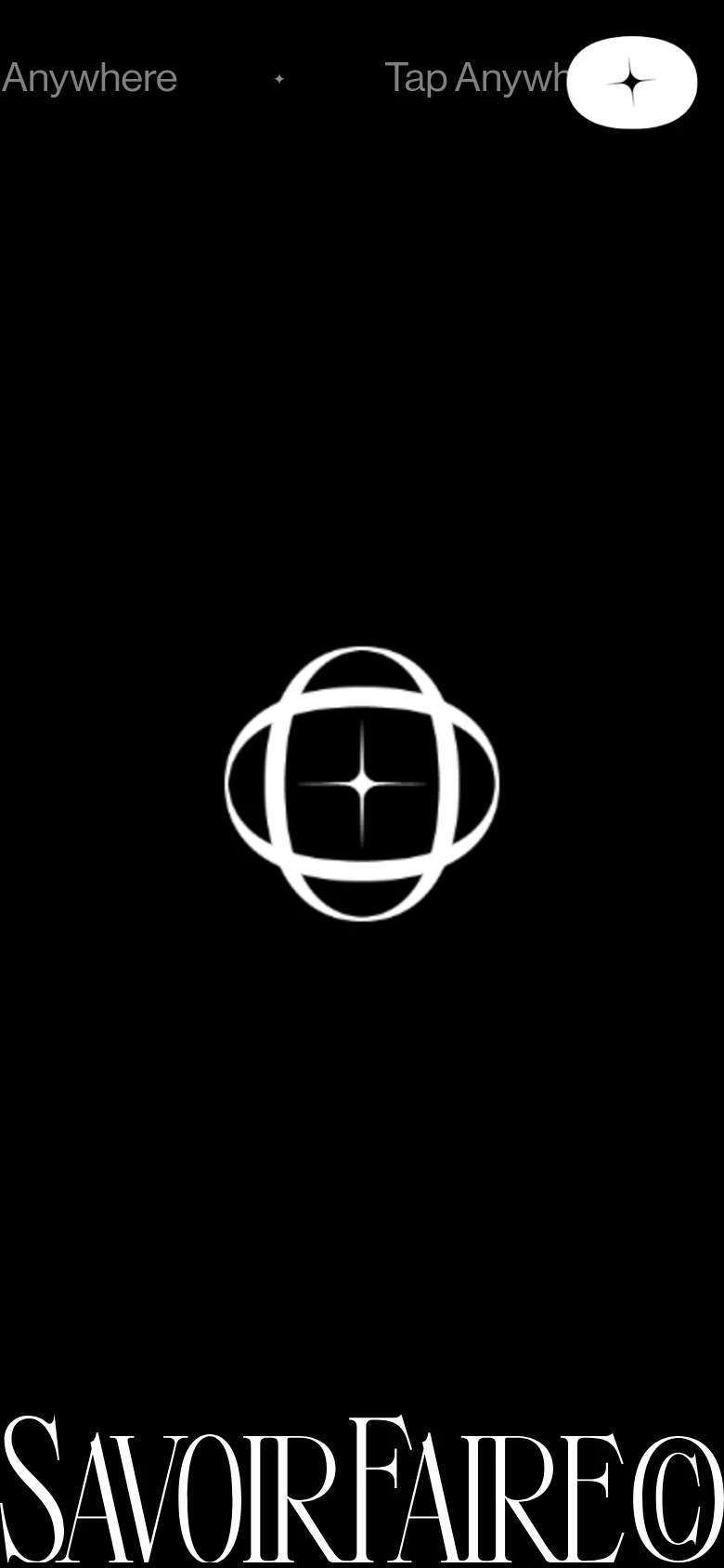 The mobile version maintains the minimalist black and white aesthetic but centers a large, white circular graphic containing a four-pointed star. The large 'SAVOIRFAIRE©' text is positioned at the bottom, and a prompt instructs the user to rotate their phone to vertical.