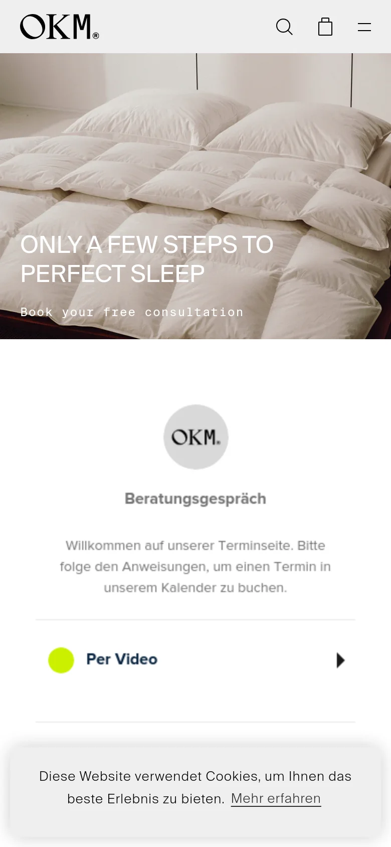 The mobile version presents a vertically stacked layout, starting with a close-up hero image of white bedding and the same headline and call to action. The content below transitions into a simplified view of the consultation booking section, featuring a circular logo and text instructions. The navigation is condensed into a hamburger menu, and a cookie consent banner appears at the bottom.