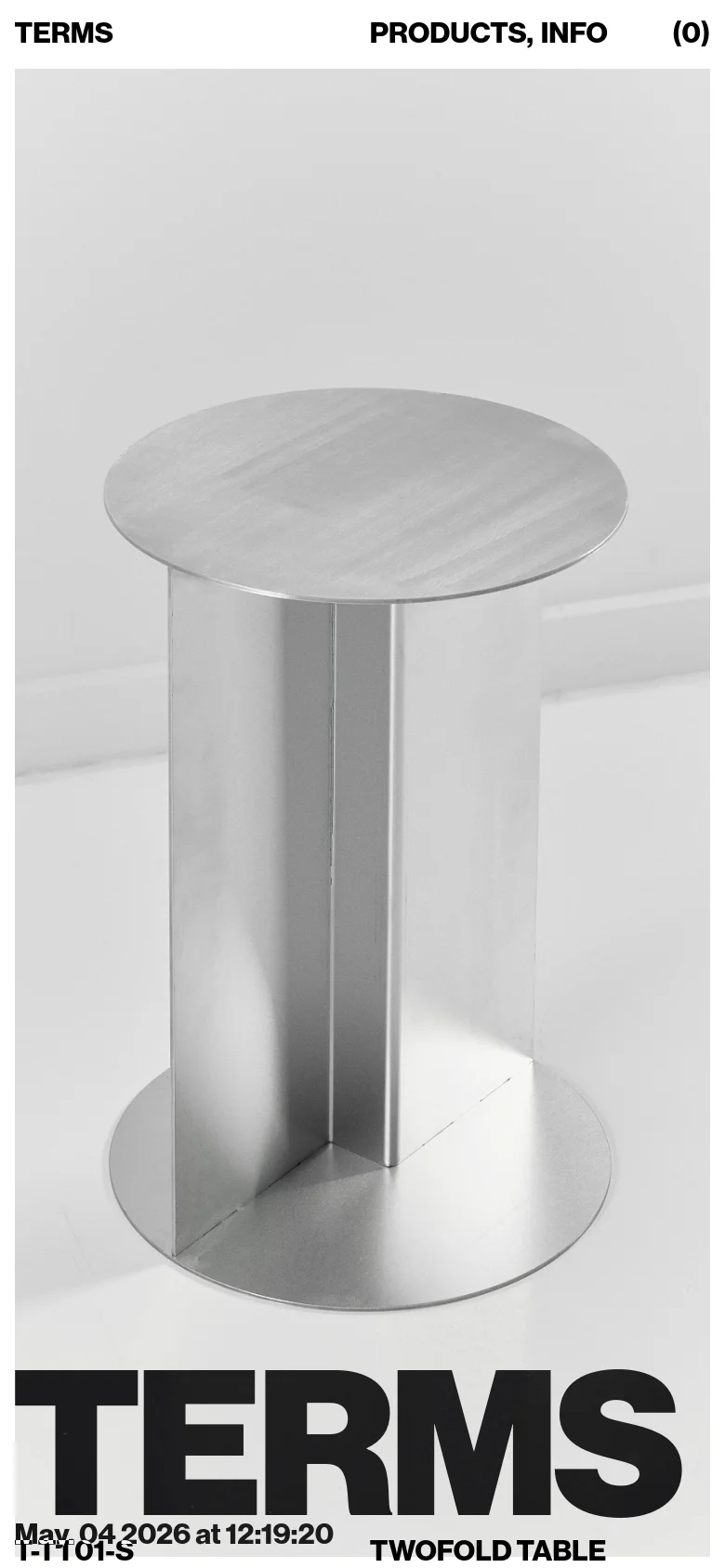 The mobile version displays a vertically oriented, single-column layout focusing on a large hero image of the Twofold Table. The navigation menu is condensed at the top, and the bold 'TERMS' branding and product name appear prominently over the image.