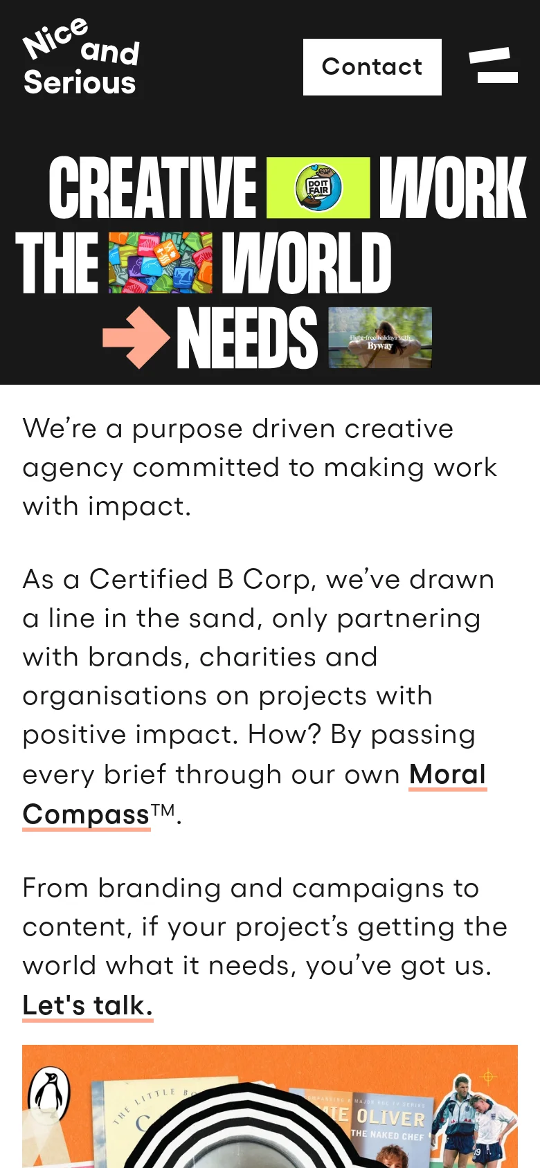 The mobile version maintains the dark hero section with oversized, stacked typography and graphic inserts, but the layout is vertically compressed. The 'Contact' button and hamburger menu are prominent at the top, and the mission statement text is reflowed into a single column on a white background for readability.