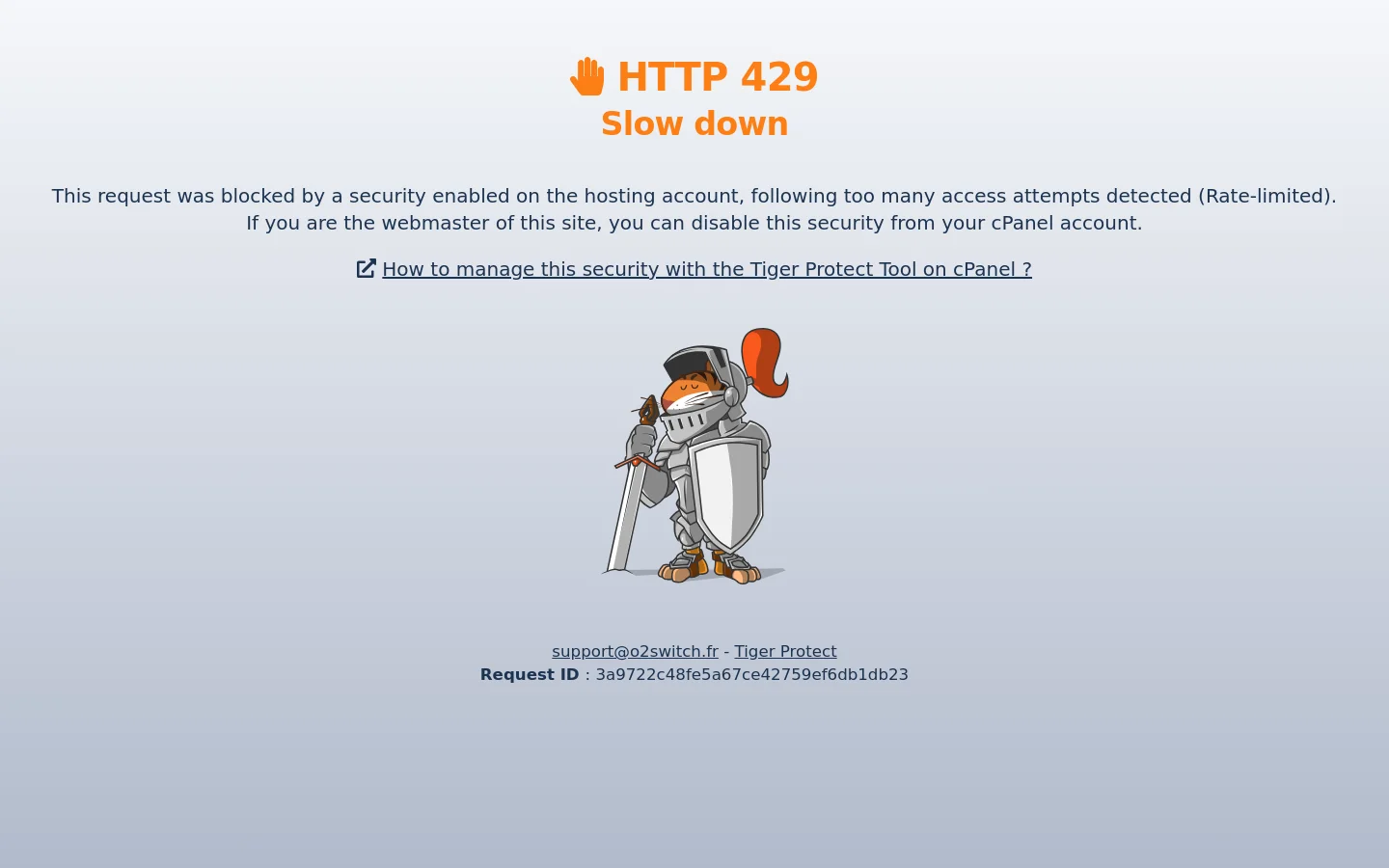 A minimalist error page on a light gray background featuring a large orange heading 'HTTP 429 Slow down'. Below the text is a central illustration of a cartoon knight in silver armor holding a shield, followed by support links and a Request ID at the bottom.