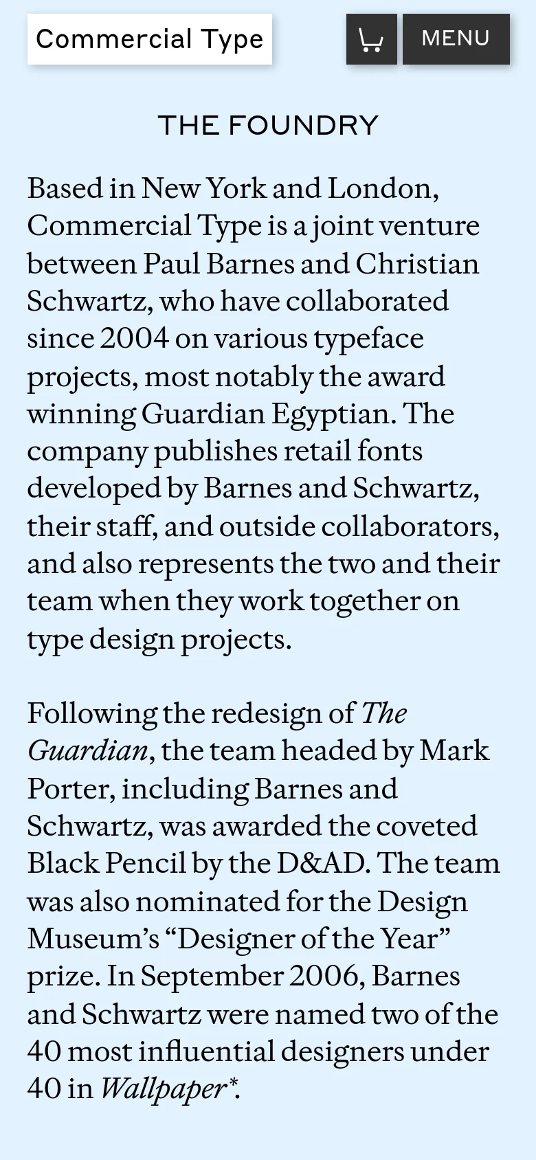 The mobile version maintains the light blue background and black serif typography but uses a single-column vertical layout. The desktop navigation is replaced by a 'MENU' button and a shopping cart icon, and the multi-column lists are stacked vertically for easier scrolling.