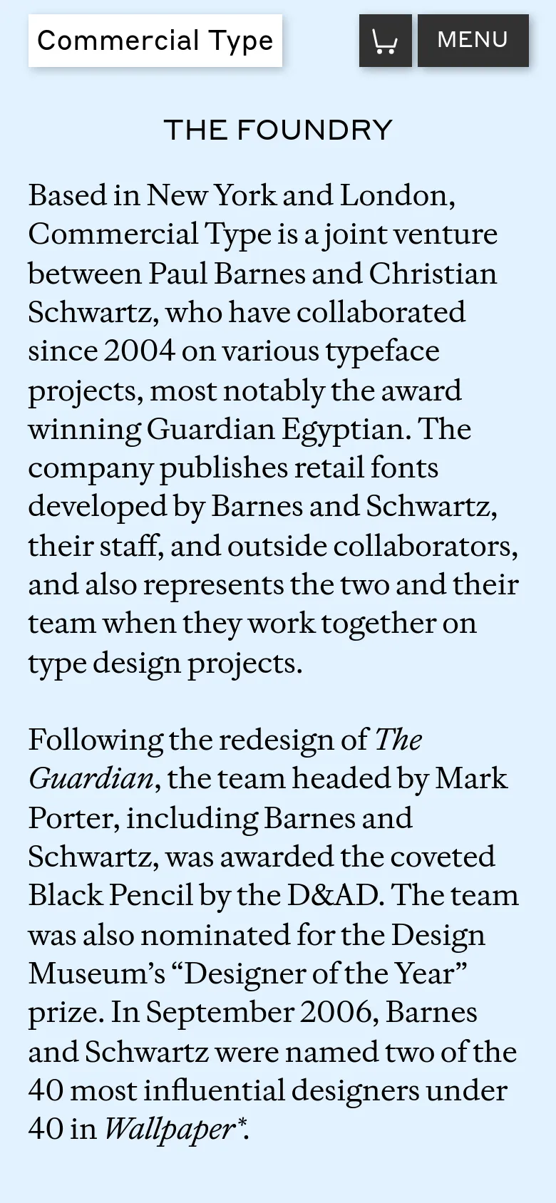 The mobile version maintains the light blue background and black serif typography but uses a single-column vertical layout. The desktop navigation is replaced by a 'MENU' button and a shopping cart icon, and the multi-column lists are stacked vertically for easier scrolling.