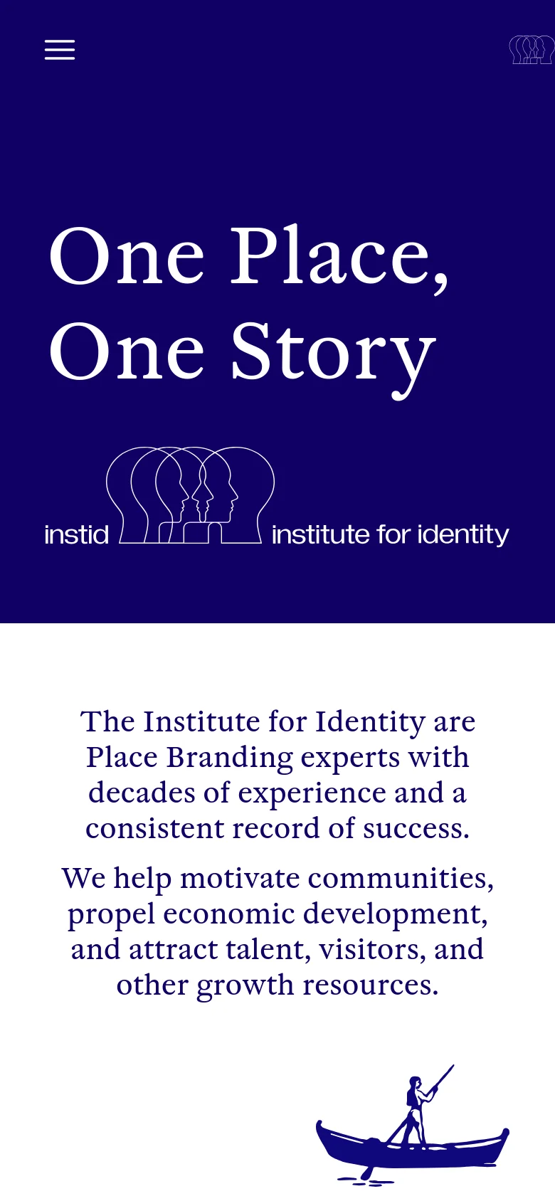 The mobile version simplifies the layout, replacing the wide hero image with a solid dark blue header containing the 'One Place, One Story' headline and logo. A hamburger menu icon is located at the top left, and the text content is stacked vertically in a single column on a white background. The colorful hero imagery from the desktop version is not visible in this view.