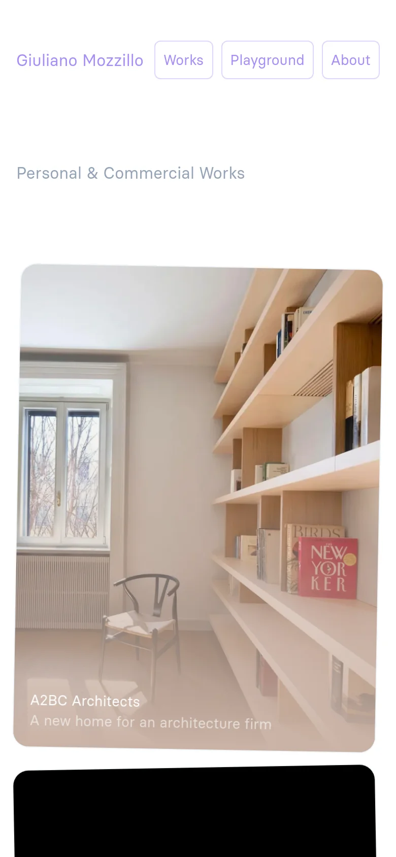 The mobile version displays the portfolio projects in a single-column vertical stack. The large project cards, including 'A2BC Architects' and 'MALAKA', span the width of the screen, and the navigation menu is simplified at the top of the page.