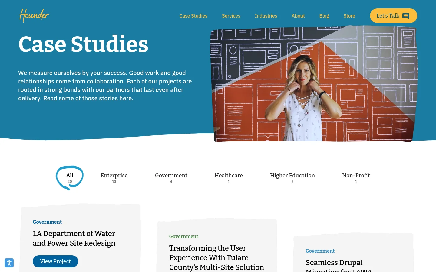 The desktop page features a large teal hero section with the headline 'Case Studies' and a descriptive paragraph next to a stylized graphic of a woman. Below the hero, a white section contains a horizontal filter menu with categories like All, Enterprise, and Government, followed by a grid of case study cards with light gray backgrounds and blue 'View Project' buttons.