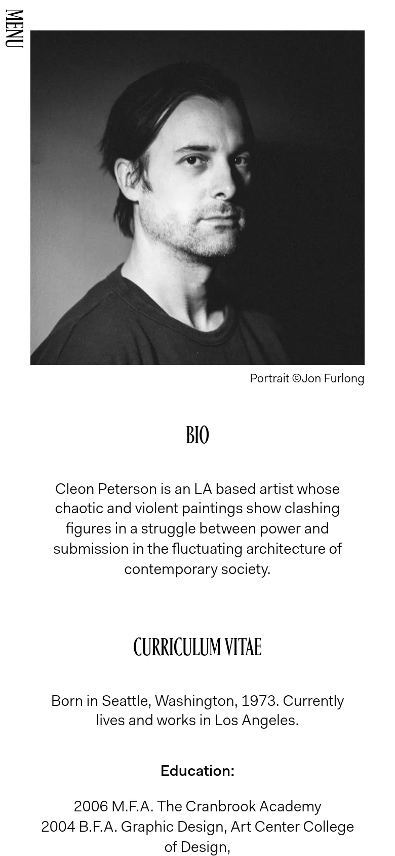 The mobile version presents a vertical layout with the black and white portrait at the top, followed by the word 'BIO' and the artist's biography. The text is centered, and a 'MENU' label is visible in the top left corner.