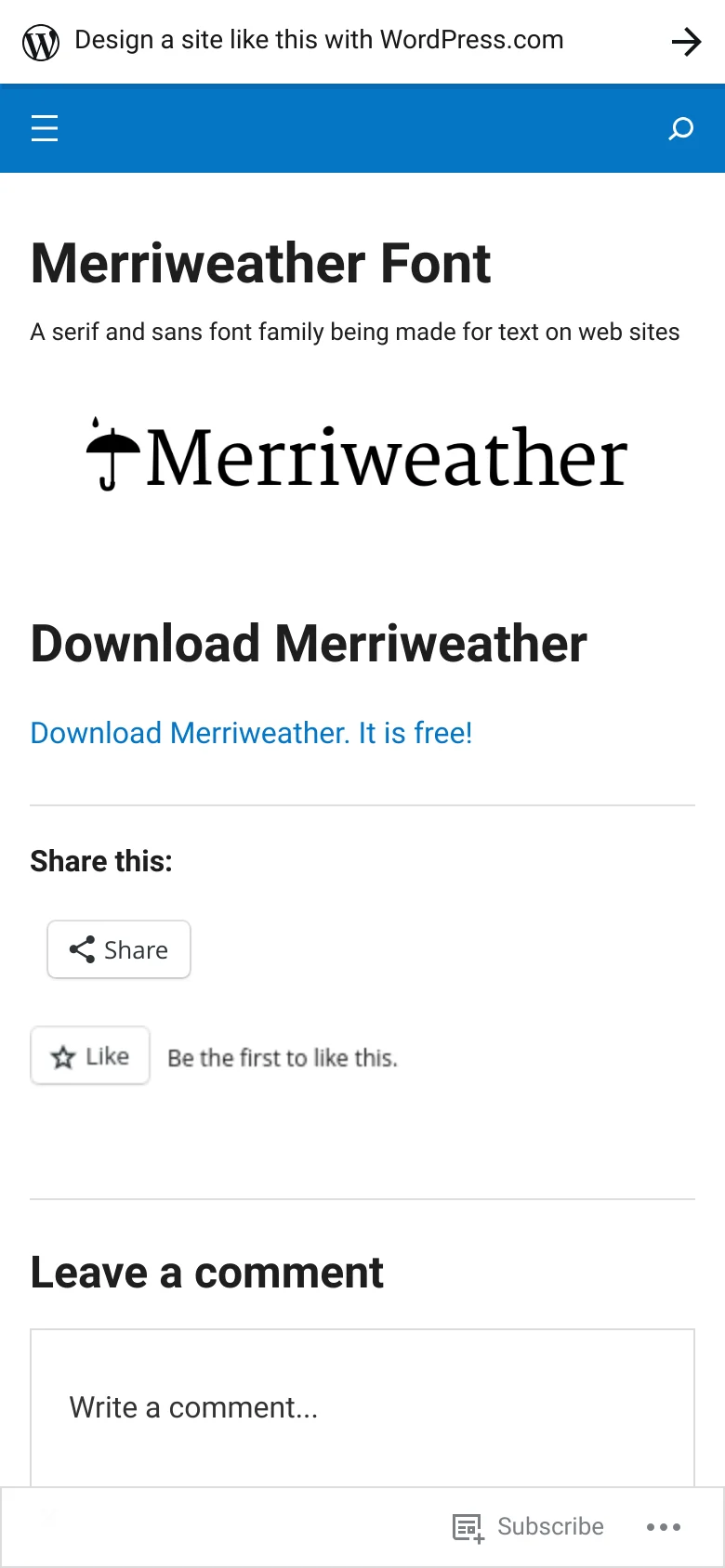 The mobile version presents a simplified, single-column layout with the Merriweather logo at the top. The main content consists of the 'Download Merriweather' heading, the download link, and social sharing buttons stacked vertically. The sidebar content is moved below the main content, and a hamburger menu icon is available in the blue header for navigation.