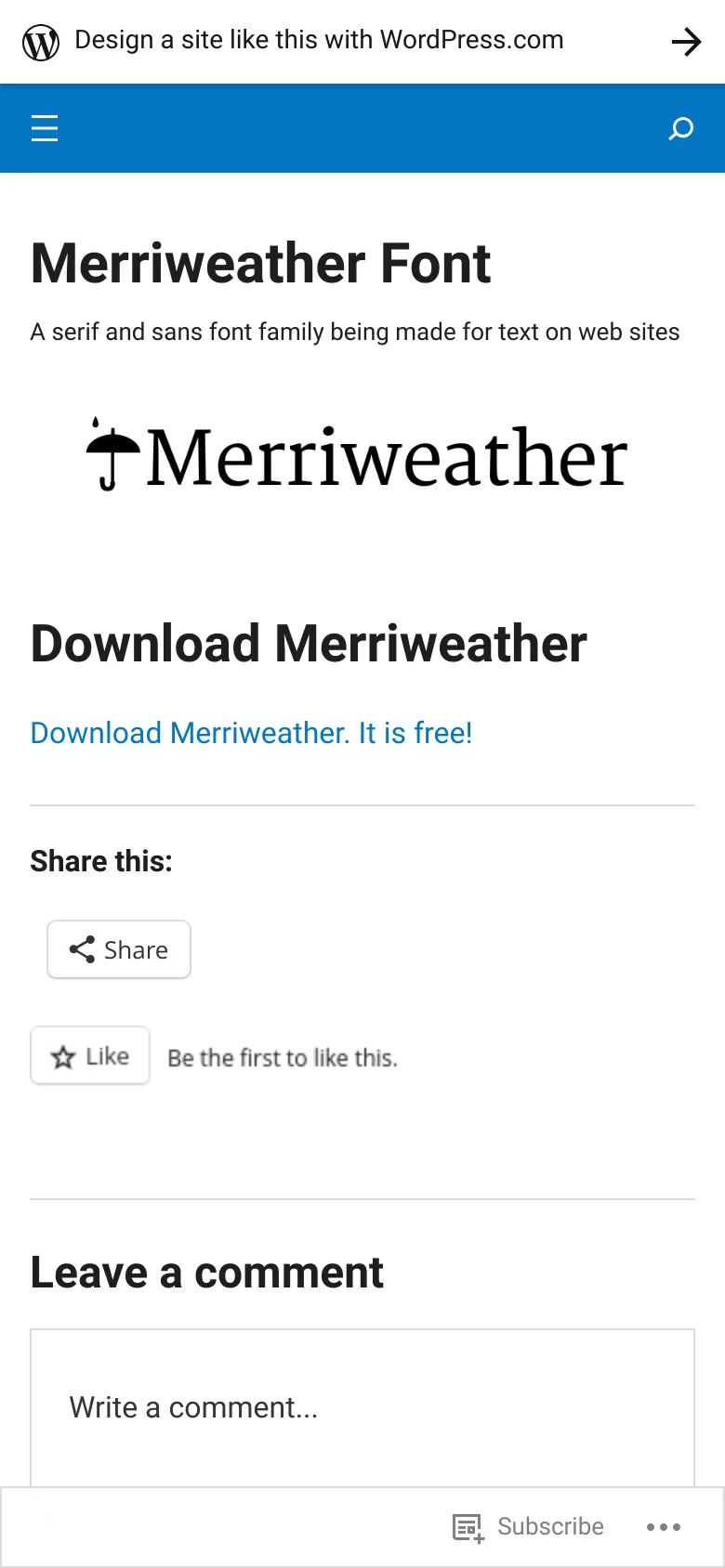The mobile version presents a simplified, single-column layout with the Merriweather logo at the top. The main content consists of the 'Download Merriweather' heading, the download link, and social sharing buttons stacked vertically. The sidebar content is moved below the main content, and a hamburger menu icon is available in the blue header for navigation.
