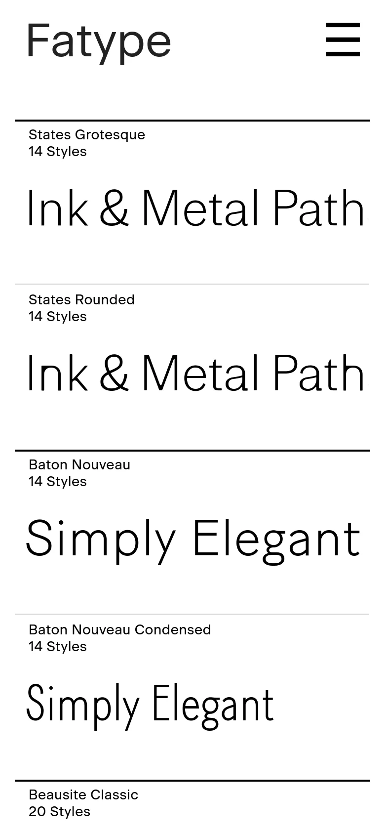 The mobile version simplifies the layout into a single-column vertical list of typefaces. The top navigation is replaced by a large Fatype logo and a hamburger menu icon on the right. Each typeface section displays the name, style count, and a large text specimen stacked vertically.