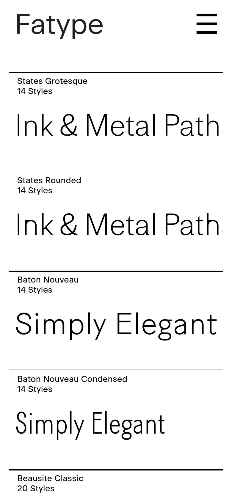 The mobile version simplifies the layout into a single-column vertical list of typefaces. The top navigation is replaced by a large Fatype logo and a hamburger menu icon on the right. Each typeface section displays the name, style count, and a large text specimen stacked vertically.